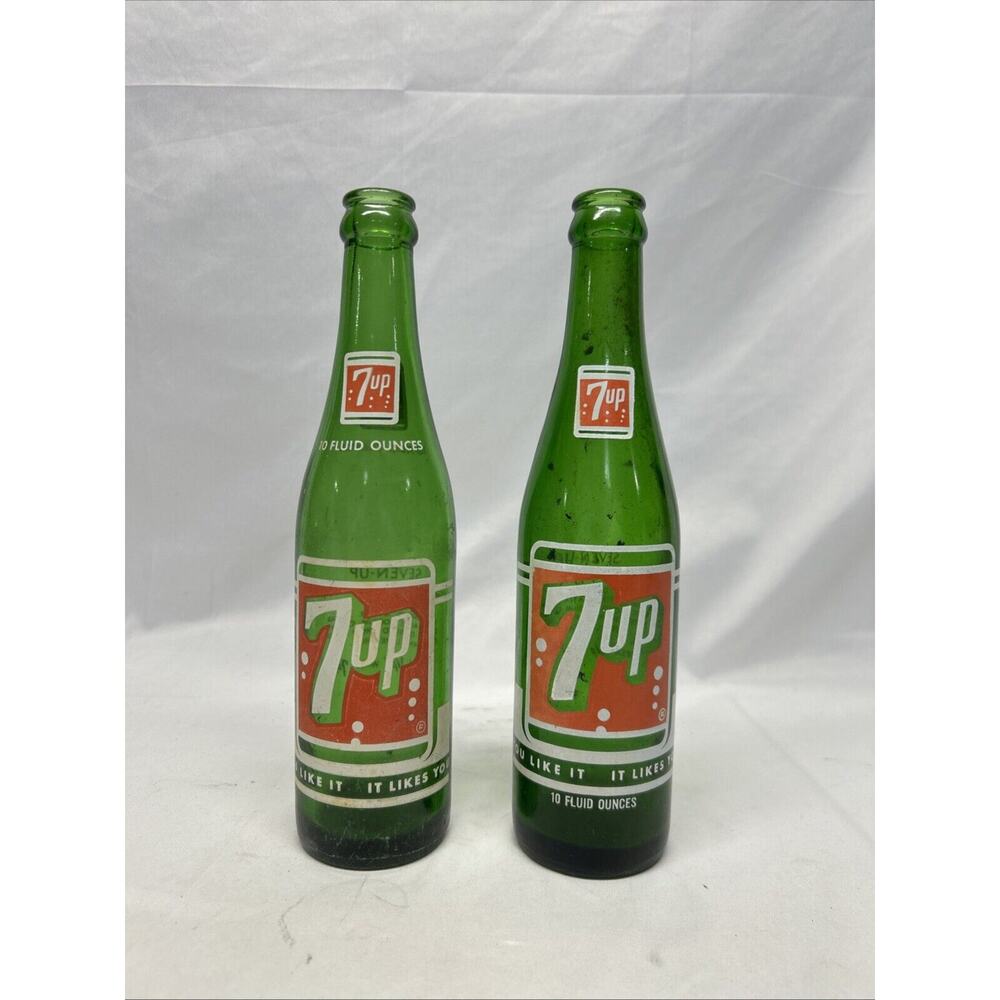 Vintage 7 Up Seven-Up 10 Oz Glass Soda Pop Bottles "You Like It" (2) Different